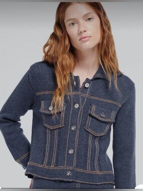 BARRIE Scotland Denim Fitted Cashmere and Cotton Jacket Navy Womens XS